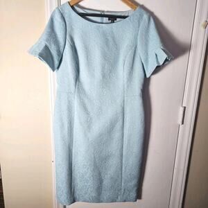 Talbots Light Blue Jacquard Brocade Midi Dress Sz 10 Ruffle Sleeve Jackie-O Tea